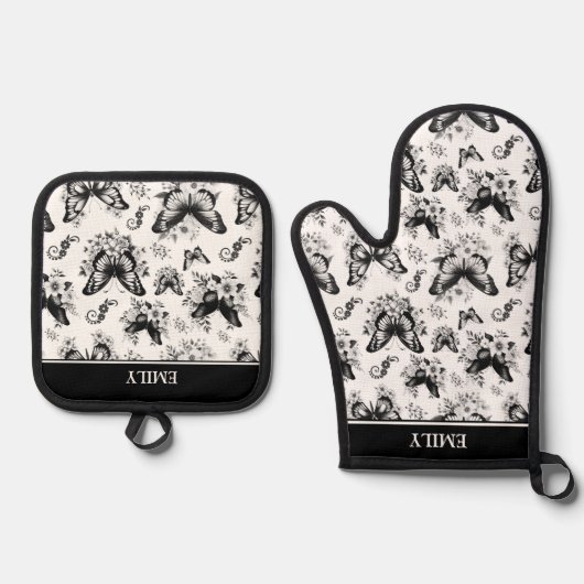 Douanenaam Zwart Wit Vlinderpatroon Ovenwant & Pannenlap Set (Voorkant)