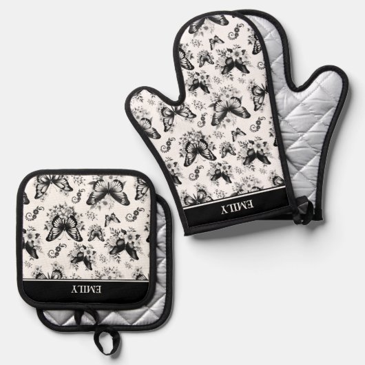 Douanenaam Zwart Wit Vlinderpatroon Ovenwant & Pannenlap Set (Voorkant / Achterkant)