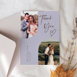 Double Arch Lila trouwfoto Bedankkaart<br><div class="desc">Elegante en rustieke bruiloft bedankkaart met een dubbele boog lila lijst met tekst die "dank u" zegt met een hart. U kunt 2 foto's aan de voorkant en 1 aan de achterkant hebben.</div>