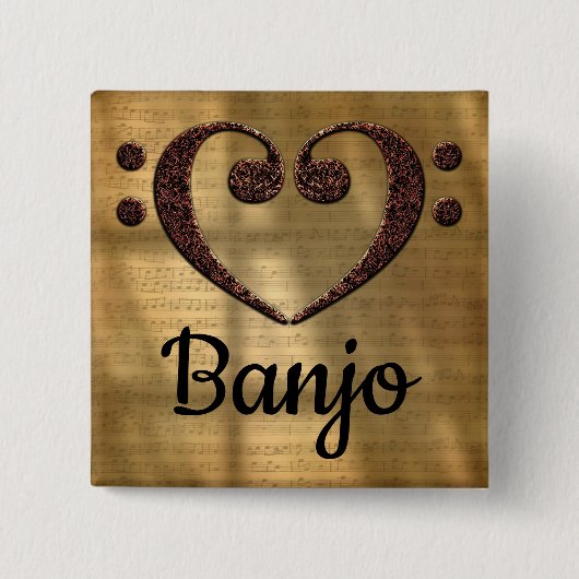 Double Bass Clef Heart Banjo Vierkante Button 5,1 Cm (Voorkant)