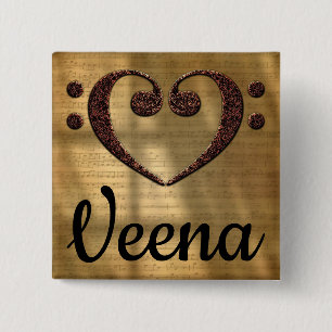Double Bass Clef Heart Veena Vierkante Button 5,1 Cm