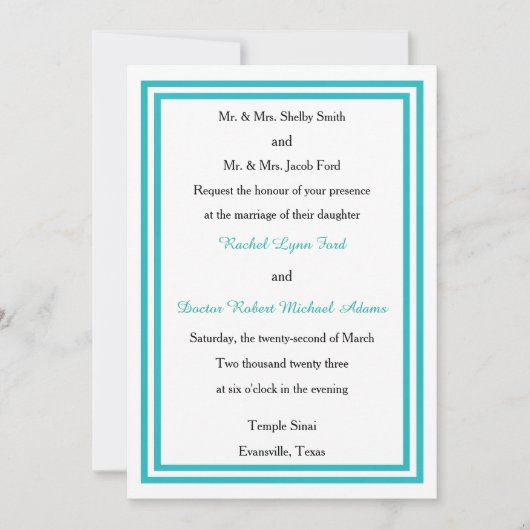 Double Blauwgroen Trim - 5x7Wedding Invitation Kaart (Voorkant)