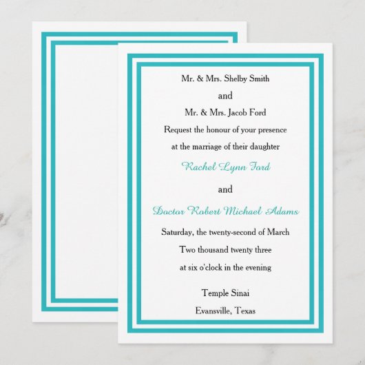Double Blauwgroen Trim - 5x7Wedding Invitation Kaart (Voorkant / Achterkant)