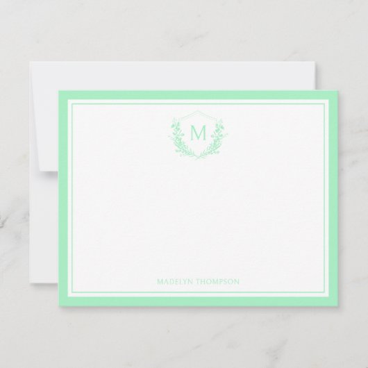 Double Border Mint Floral Crest Classic Monogram Notitiekaartje (Voorkant)