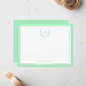 Double Border Mint Floral Crest Classic Monogram Notitiekaartje (Voorkant / Achterkant in situ)