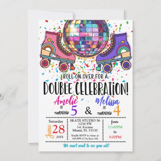 Double Celebration Roller Skating Disco Invitation Kaart (Voorkant)