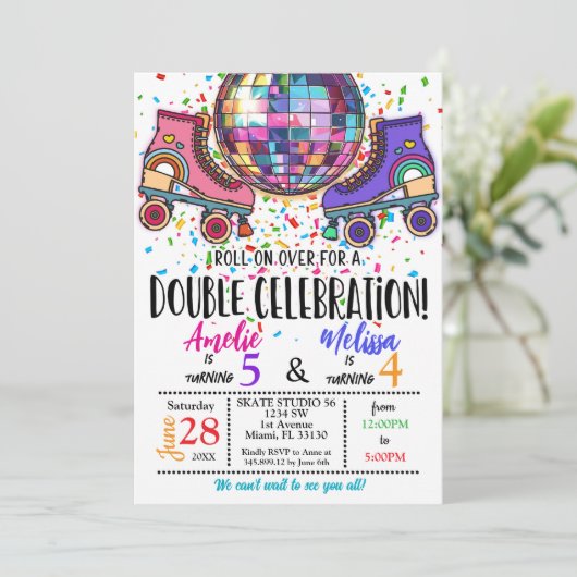 Double Celebration Roller Skating Disco Invitation Kaart (Staand voorkant)
