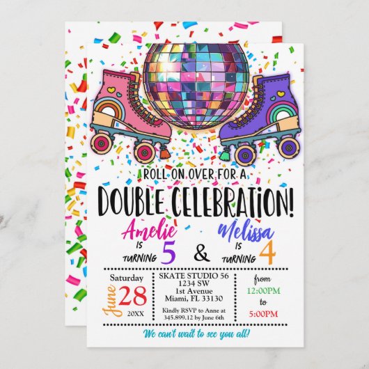 Double Celebration Roller Skating Disco Invitation Kaart (Voorkant / Achterkant)
