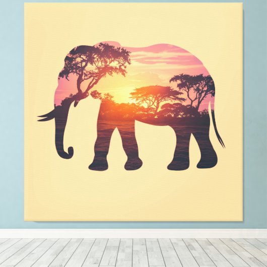 Double Exposure Elephant Silhouette Design – Savan Canvas Afdruk (Insitu (Houten vloer))