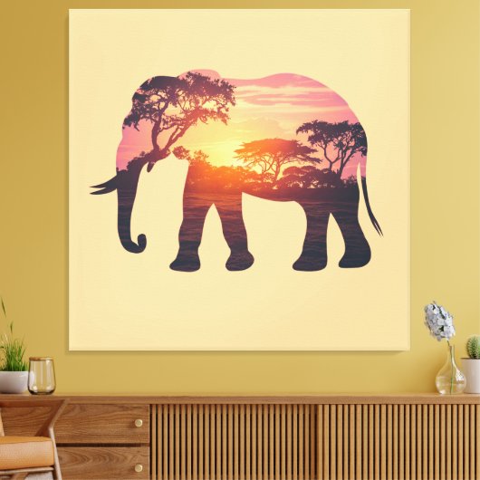 Double Exposure Elephant Silhouette Design – Savan Canvas Afdruk (Insitu (Woonkamer))