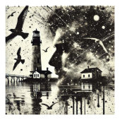 Double Exposure Man met vuurtoren en zeemeeuw Foto Afdruk (Voorkant)