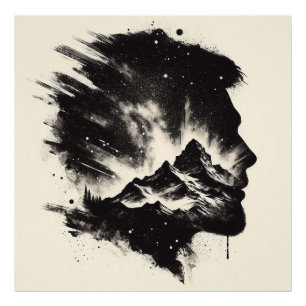 Double Exposure Man Profiel met Berglandschap Foto Afdruk