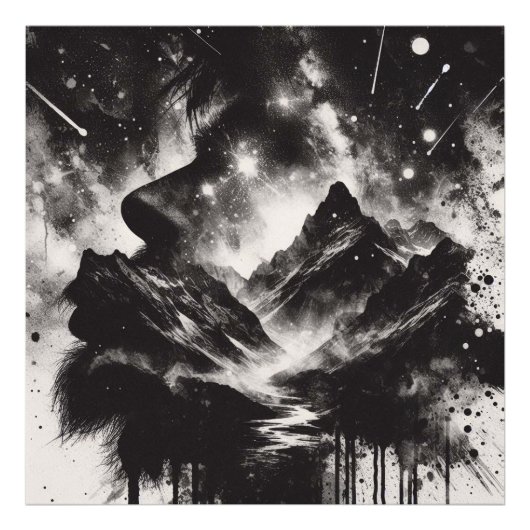 Double Exposure Man Profiel met Berglandschap Foto Afdruk (Voorkant)