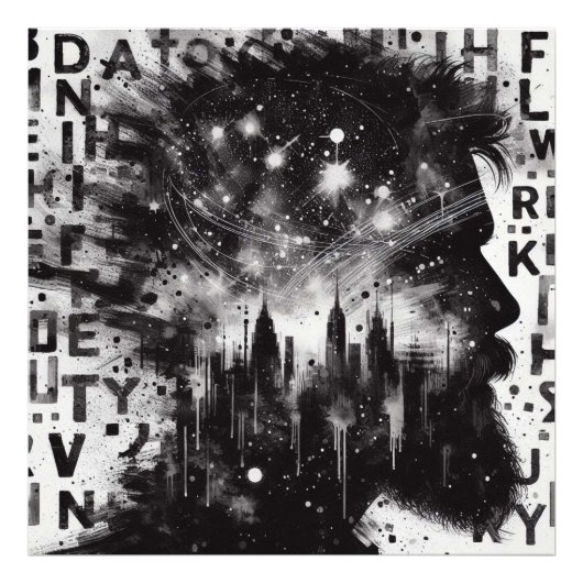 Double Exposure Man Profiel met City Skyline Foto Afdruk (Voorkant)