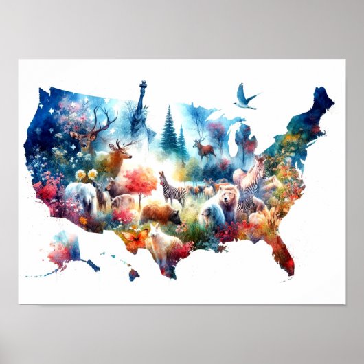 Double Exposure USA Kaart en Dieren Poster (Voorkant)