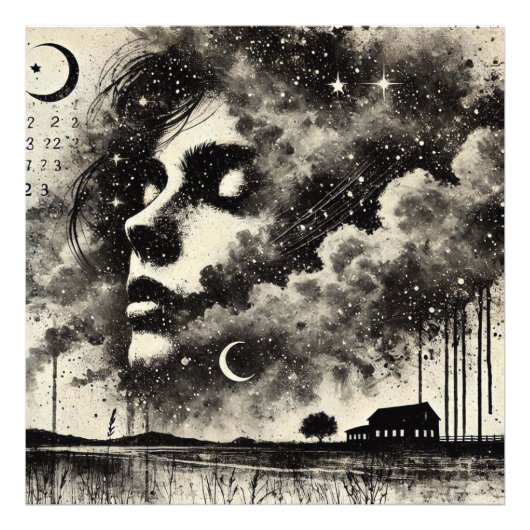 Double Exposure Vrouw met meeuwen en sterrenhemel Foto Afdruk (Voorkant)