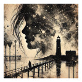 Double Exposure Vrouw met Vuurtoren en meeuw Foto Afdruk (Voorkant)