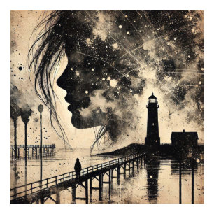 Double Exposure Vrouw met Vuurtoren en meeuw Foto Afdruk