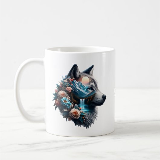 Double Exposure Wolf en Natuur landschap Koffiemok (Links)