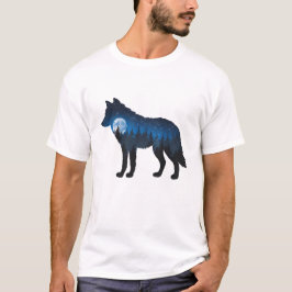 Double Exposure Wolf Silhouette Maanlicht en Sterr T-shirt