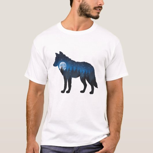 Double Exposure Wolf Silhouette Maanlicht en Sterr T-shirt (Voorkant)