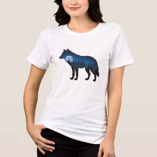 Double Exposure Wolf Silhouette Maanlicht en Sterr Tri-Blend Shirt (Voorkant)