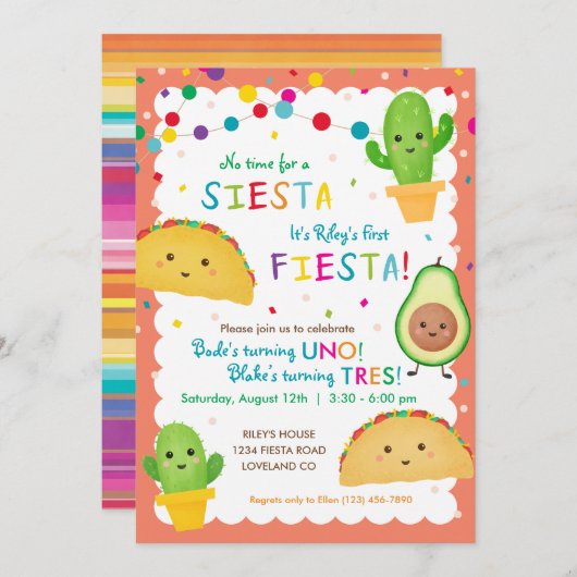 Double fiesta verjaardagsfeestuitnodiging met taco kaart (Voorkant / Achterkant)