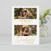 Double Graduation Chic Golden 2 Photos Modern Folie Uitnodiging (Staand Voorkant)