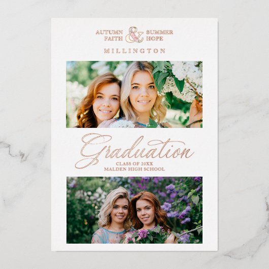 Double Graduation Chic Rose Gold 2 Photos Modern  Folie Uitnodiging (Voorkant)