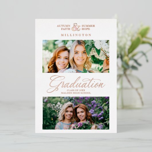 Double Graduation Chic Rose Gold 2 Photos Modern  Folie Uitnodiging (Staand Voorkant)