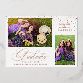 Double Graduation Luxury Rose Gold 2 Photos Stars Folie Uitnodiging