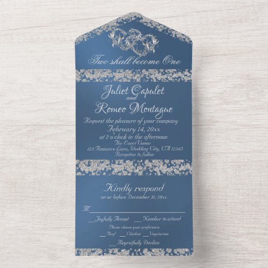 Double Hearts & Glitter - Blauw All In One Uitnodiging (Binnen)