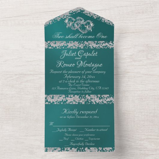 Double Hearts & Glitter - Blauwgroen All In One Uitnodiging (Binnen)