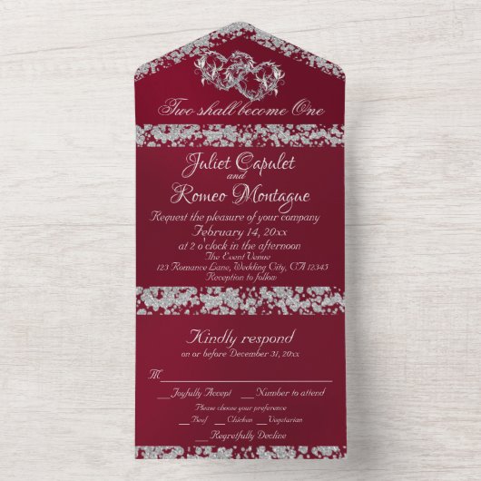 Double Hearts & Glitter - Bourgogne All In One Uitnodiging (Binnen)