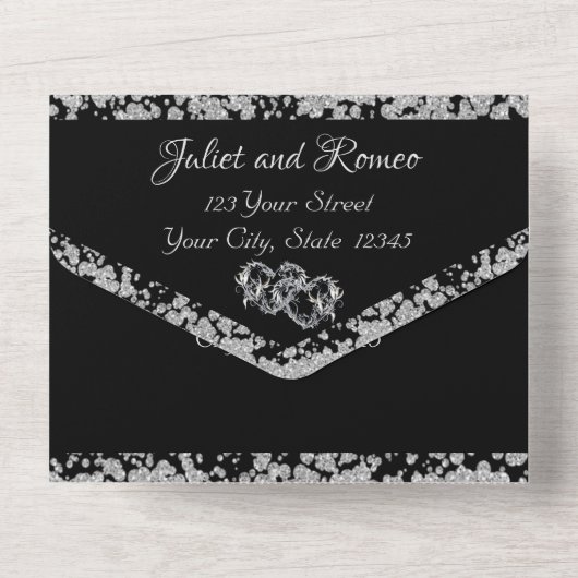 Double Hearts & Glitter - Zwart All In One Uitnodiging (Achterkant)