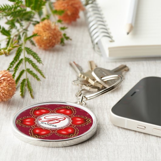 Double Hearts Love Monogram Name Sleutelhanger (Zijkant)