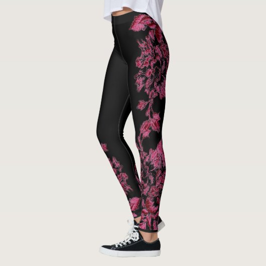Double Hibiscus  Pink on Black  Leggings (Links)