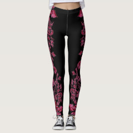 Double Hibiscus  Pink on Black  Leggings