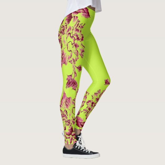 Double Hibiscus Pink on Lime  Leggings (Rechts)