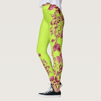 Double Hibiscus Pink on Lime  Leggings
