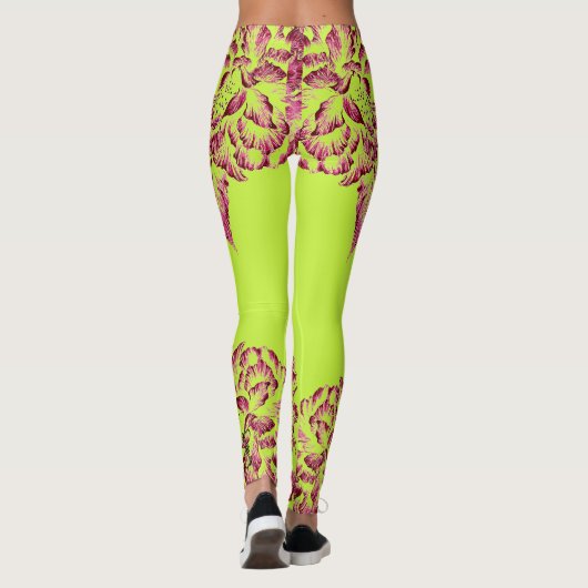 Double Hibiscus Pink on Lime  Leggings (Achterkant)