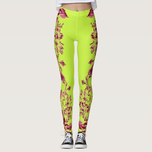 Double Hibiscus Pink on Lime  Leggings (Voorkant)