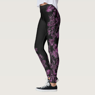 Double Hibiscus Purple on Black  Leggings