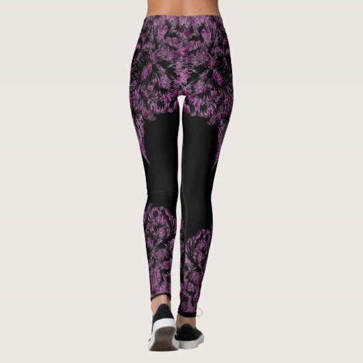 Double Hibiscus Purple on Black  Leggings (Achterkant)
