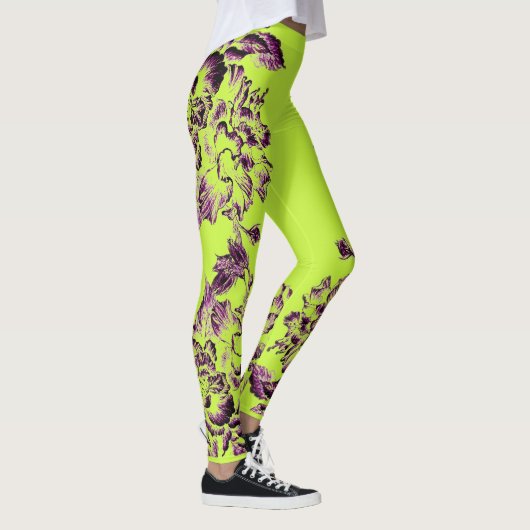 Double Hibiscus Purple on Lime  Leggings (Rechts)