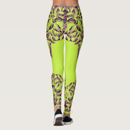 Double Hibiscus Purple on Lime  Leggings (Achterkant)