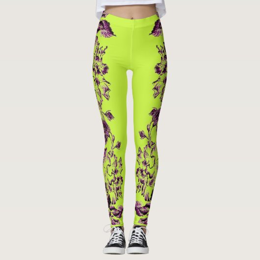 Double Hibiscus Purple on Lime  Leggings (Voorkant)