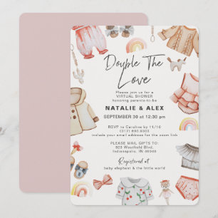 Double Love Girl Twins Pink Virtual Baby shower Kaart