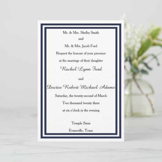Double Navy Trim - 5x7Wedding Invitation Kaart (Staand voorkant)