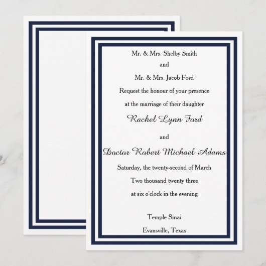 Double Navy Trim - 5x7Wedding Invitation Kaart (Voorkant / Achterkant)